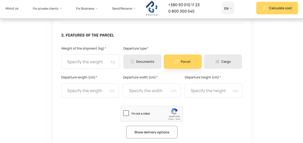 Shipping calculator for Postex Service